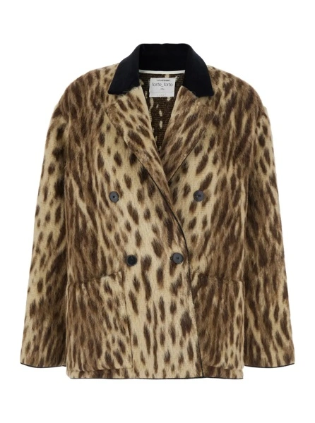 Palton 'Royal Leopard' Beige jacket with classic collar and all-over leopard motif in wool blend for women