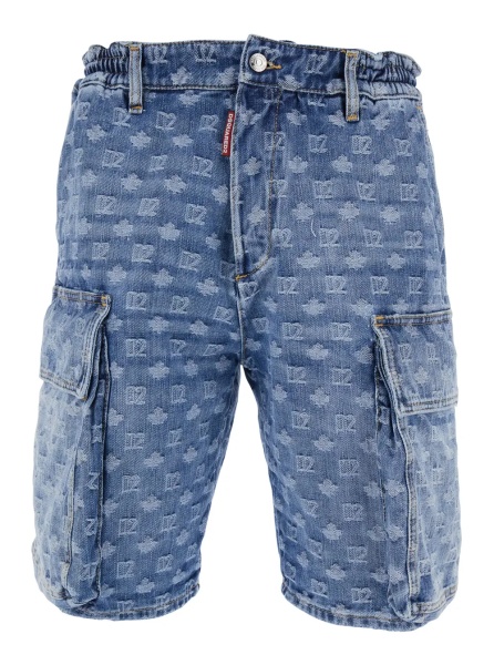 Pantaloni Blue Five-pocket bermuda shorts with all-over monogram logo and two cargo pockets in denim man