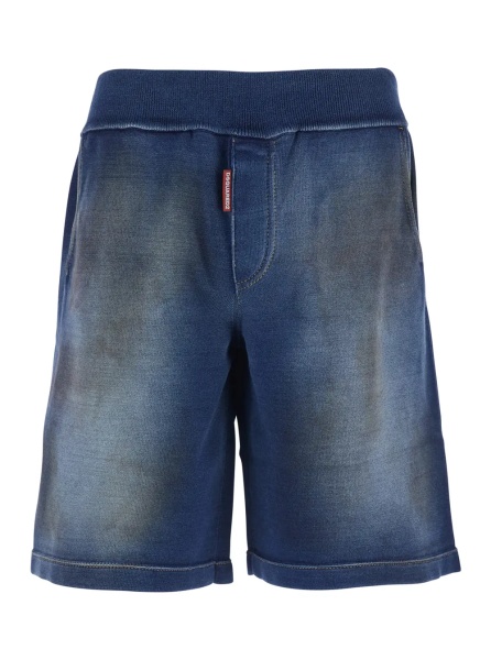 Pantaloni Blue Shorts with Elastic Waist and Worn Effect in Cotton for Men