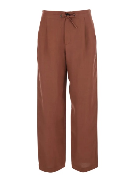 Pantaloni Brick Red Wide Leg Pants with Zip Button Closure and Drawstring in Linen Blend for Women