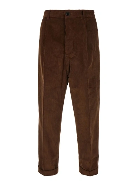 Pantaloni Brown Pants with Button and Zip Closure in Corduroy for Men