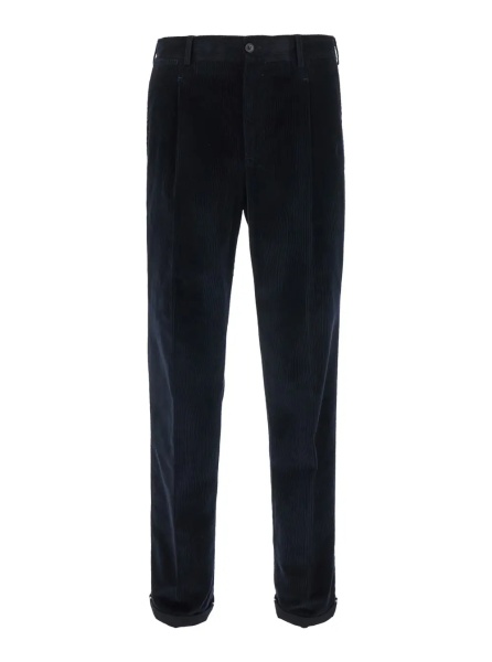 Pantaloni dark blue Chino pants with front pleats and logo patch on the back in velvet for men