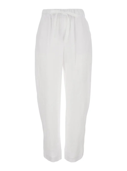 Pantaloni White Pants with Elastic Drawstring Waist in Linen for Women