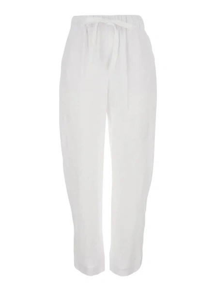 Pantaloni White Pants with Elastic Drawstring Waist in Linen for Women