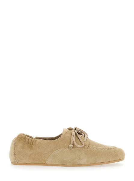 Pantofi Beige Loafers with elasticized heel and Logo lettering on the tongue in suede for men