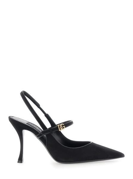 Pantofi Black Slingback Pumps with Ankle Strap Closure in Suede for Women