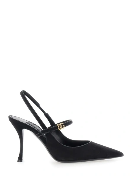 Pantofi Black Slingback Pumps with Ankle Strap Closure in Suede for Women