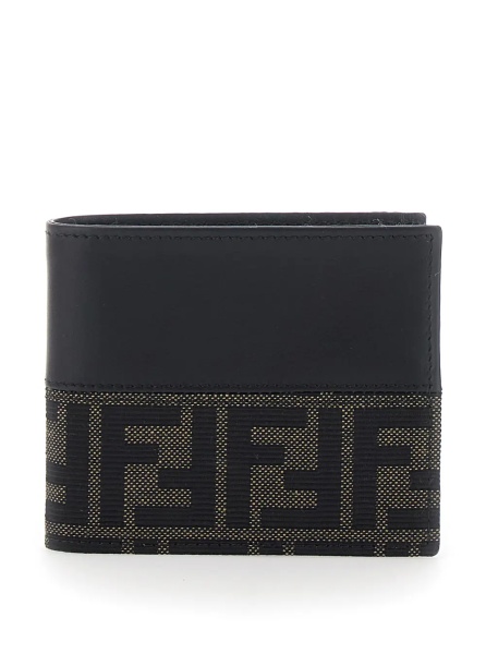 Portofele Black Bi-Fold Wallet with FF Motif in Leather and Fabric for Men