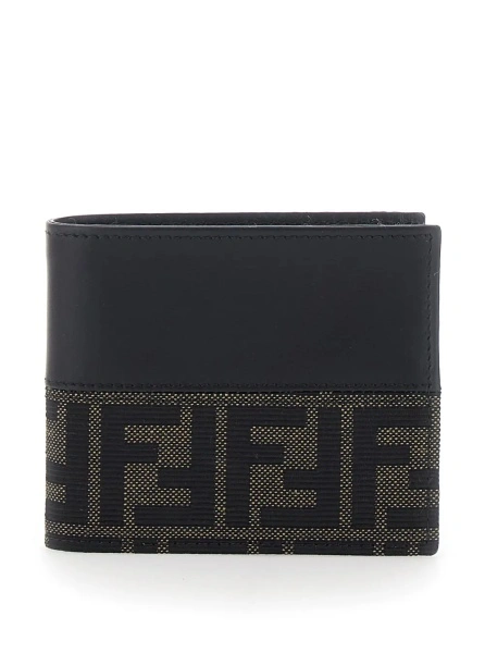 Portofele Black Bi-Fold Wallet with FF Motif in Leather and Fabric for Men