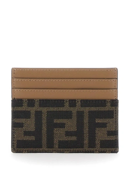 Portofele Card holder with FF All-Over Motif in Brown Fabric for women