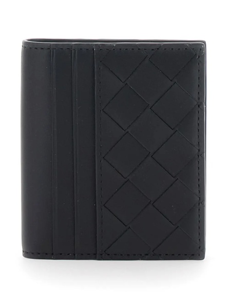 Portofele Cardholder with Intreccio Motif and Lettering Logo Impressed Inside in Black Leather for Men