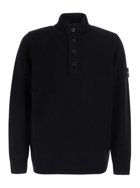 Pulover Black High-neck sweater with front buttons and logo patch on the sleeve in wool for men
