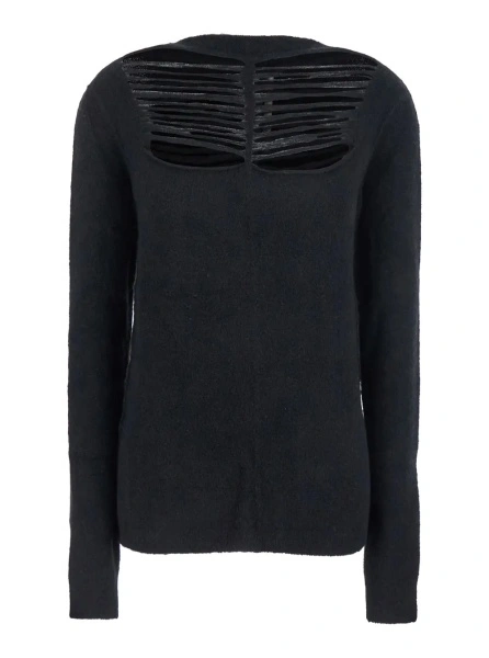 Pulover Black Sweater with Distressed Effect and Cut-Out Details on the Front in Alpaca Blend Woman