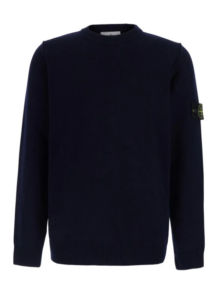Pulover Blue Crewneck sweater with logo patch on the sleeve in wool for men