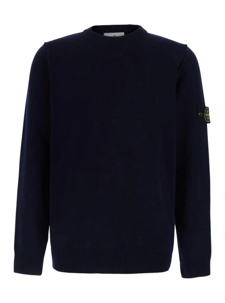 Pulover Blue Crewneck sweater with logo patch on the sleeve in wool for men