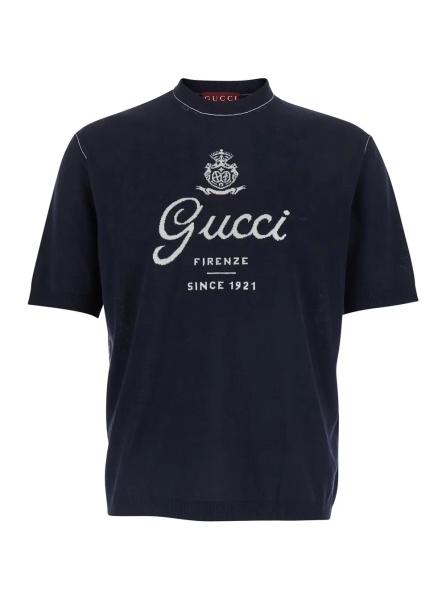 Pulover Blue Round Neck Sweater with Logo Lettering on the Front in Wool for Men