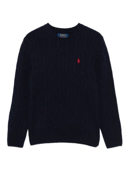 Pulover Blue Sweater with Round Neck and Pony Embroidery on the Front in Wool and Cashmere Boy