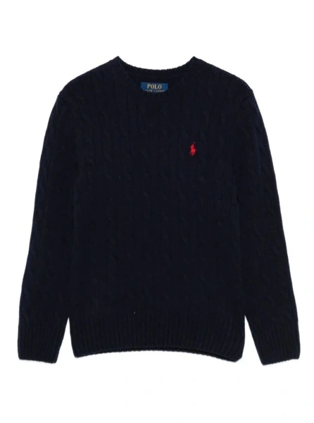 Pulover Blue Sweater with Round Neck and Pony Embroidery on the Front in Wool and Cashmere Boy