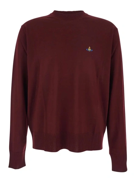 Pulover Bordeaux Crew Neck Sweater with Dropped Shoulders and Orb Logo on the Front in Wool Blend Man