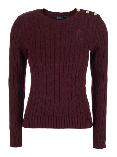 Pulover bordeaux Crewneck sweater with cable knit and logo on the front in cotton Blend women
