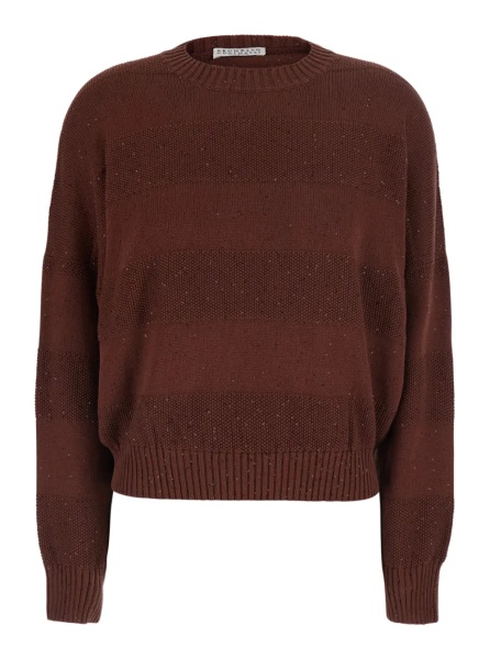 Pulover Brown Crewneck Sweater with Net Knit in Cotton Blend for Women