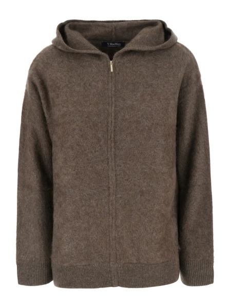 Pulover Brown Hooded sweatshirt with front zip closure in wool for women