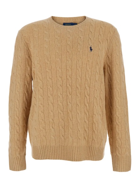 Pulover Crew Neck Sweater with Braided Knit and Pony Embroidery on the Front in Wool and Cashmere Beige Men
