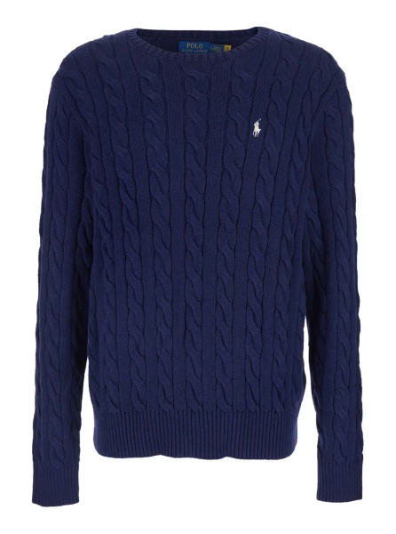 Pulover Crewneck Sweater with Braided Knit and Pony Embroidery on the Front in Blue Cotton for Men