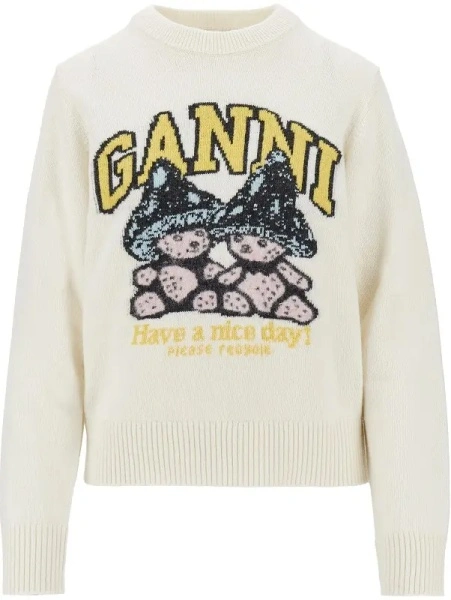 Pulover Ganni alb din lana 'Mushroom Teddy'