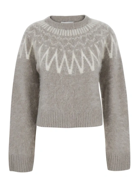 Pulover Gray crewneck sweater with geometric motif and crop design in wool for women