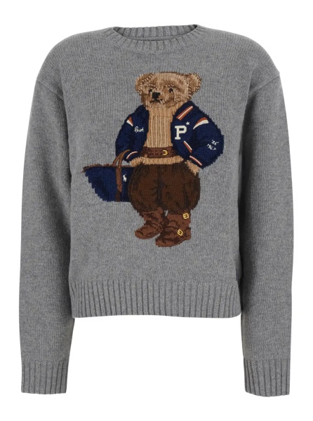 Pulover Grey Crewneck sweater with Bear motif on the front and dropped shoulders in wool and cashmere for women