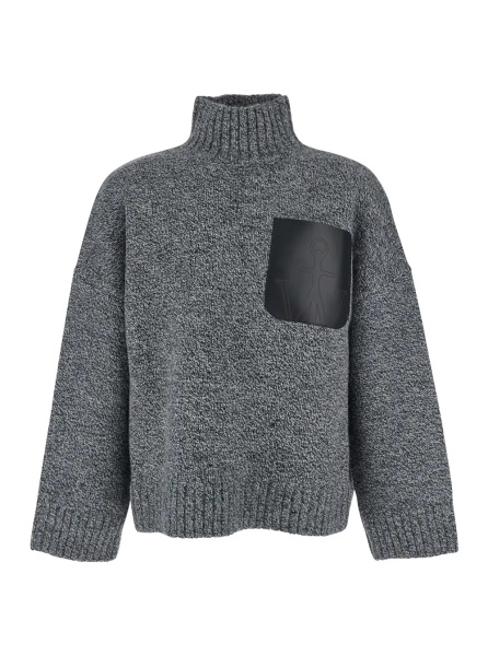 Pulover Grey Sweater with High Neck and One Front Patch Leather Pocket in Wool Blend Man