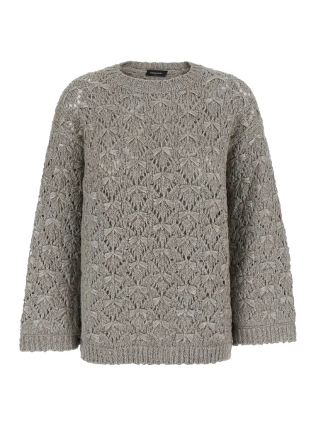 Pulover grey Sweater with round neck and woven Motif in wool Blend for women