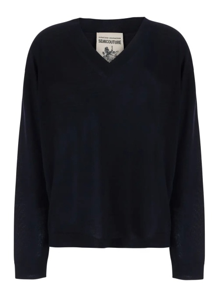 Pulover 'JADE' blue Sweater with V-neck in virgin wool for women