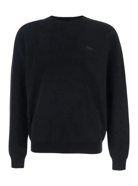 Pulover MAISON KITSUNÉ Black Crew Neck Sweater with Fox Patch on the Front in Wool Man