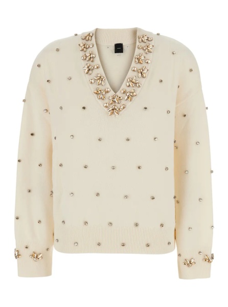 Pulover 'Pigolo' White Sweater with V-Neck and Jewel Decorations in Wool and Cashmere for Women