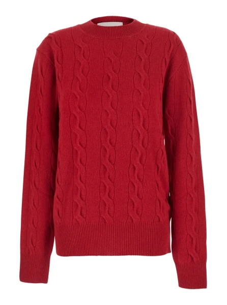 Pulover Red Crew-neck sweater with cable-knit and tone-on-tone ADC embroidery on the front in wool for women