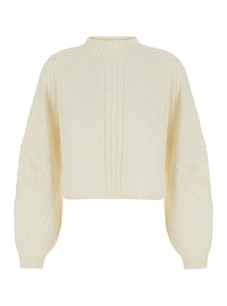 Pulover White Short Sweater with All-Over Embroidery in Wool Blend for Women