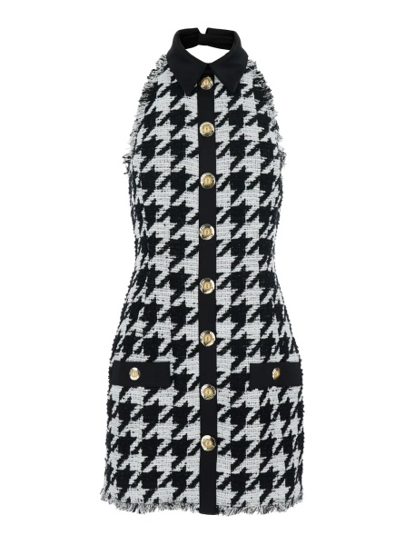 Rochii Black and White Halterneck Mini Dress with Houndstooth Motif in Tweed and Satin Woman