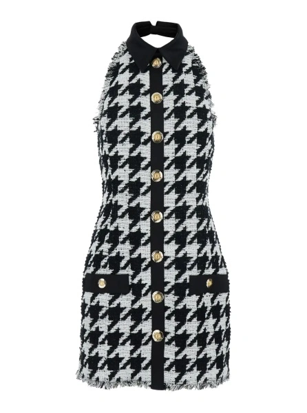 Rochii Black and White Halterneck Mini Dress with Houndstooth Motif in Tweed and Satin Woman