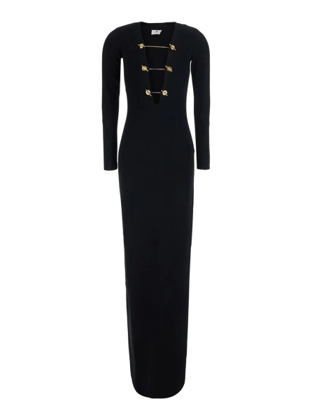 Rochii Black Long Dress with Deep V-Neck and Chain Detail on the Front in Viscose Blend Stretch for Women