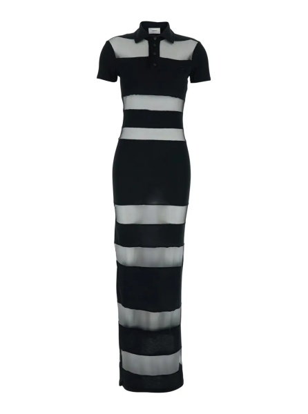 Rochii Black Long Dress with Logo Embroidery on the Front and All-Over Stripes in Cotton Blend Woman