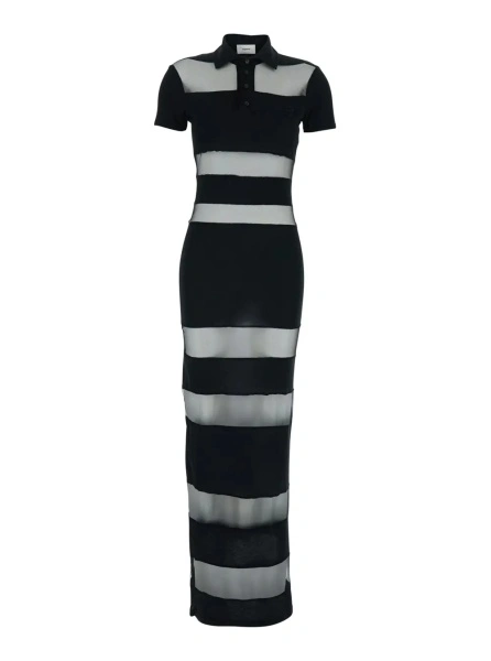 Rochii Black Long Dress with Logo Embroidery on the Front and All-Over Stripes in Cotton Blend Woman