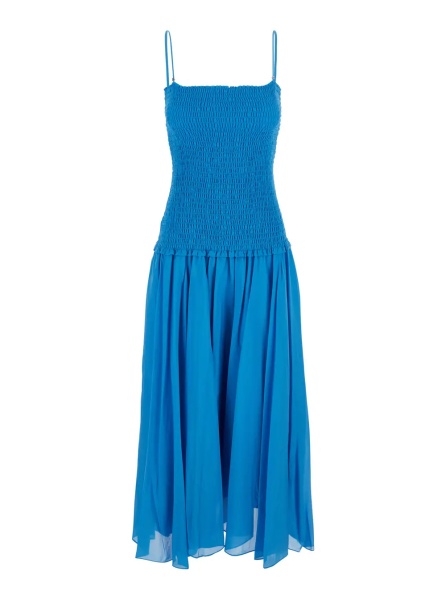 Rochii blue Long dress with thin straps and pleated design in silk and cotton for women