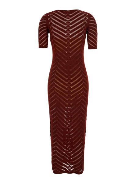 Rochii Bordeaux Long Dress with Crew Neck and All-Over Embroidery in Stretch Viscose Woman