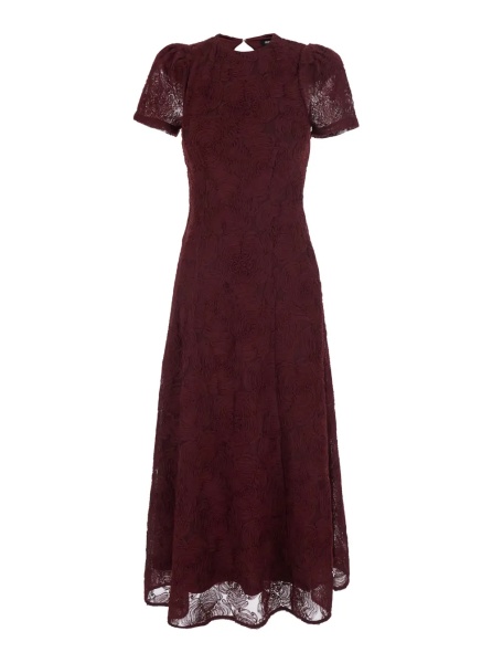 Rochii Bordeaux Long dress with floral embroidery and flared skirt in Tech Fabric stretch for women