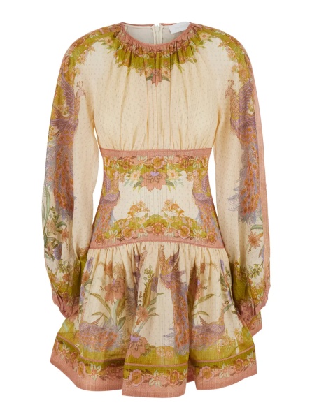 Rochii 'Indra' Multicolor Crew Neck Mini Dress with Balloon Sleeves and All-Over Motif in Cotton Blend for Women
