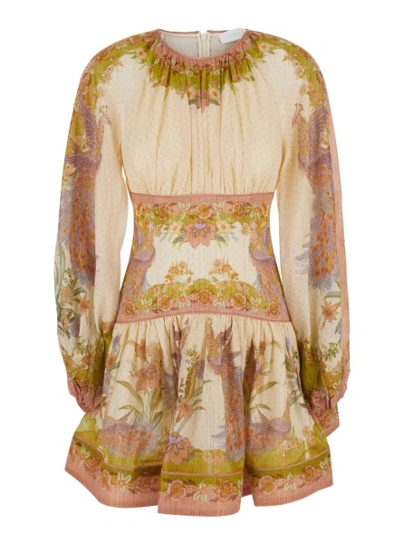 Rochii 'Indra' Multicolor Crew Neck Mini Dress with Balloon Sleeves and All-Over Motif in Cotton Blend for Women