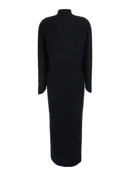 Rochii Midi knit dress with V-neck and long sleeves in black Tech Fabric for women