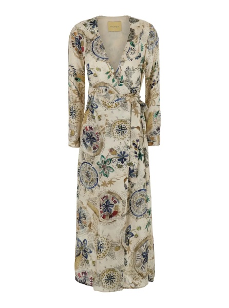 Rochii MOMONÌ White Dress with V-neck and all-over print in viscose for women